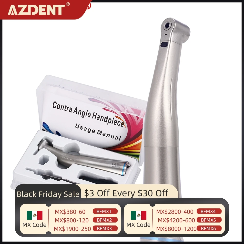 AZDENT Dental 1:1 LED Fiber Optic Contra Angle Handpiece Internal Spray Low Speed Piece Push Button Dentistry Instrument Tools