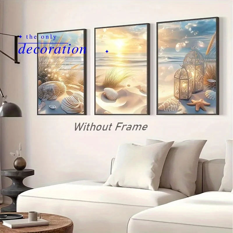 3pcs Bohemian Sunset Beach - Frame & Wrapped Canvas Prints, Classic Coastal Landscape Paintings Suitable for Home Office, Liv
