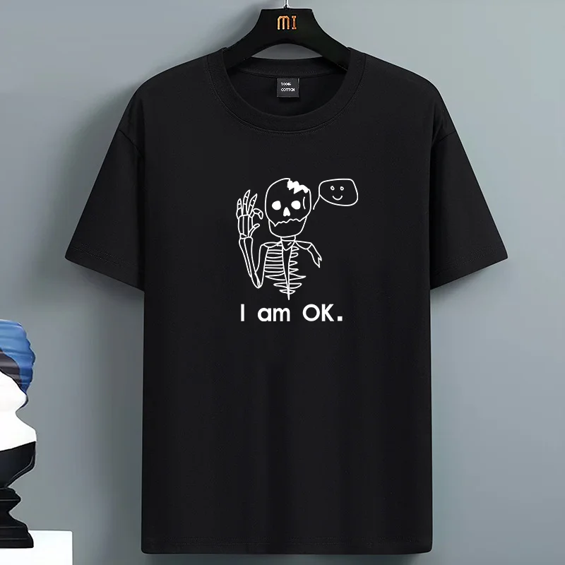 Summer for Men's and Womens Cotton Casual Loose Plus Size I'm Ok Printed Sports Comfortable Round Neck Short Sleeved T-shirt