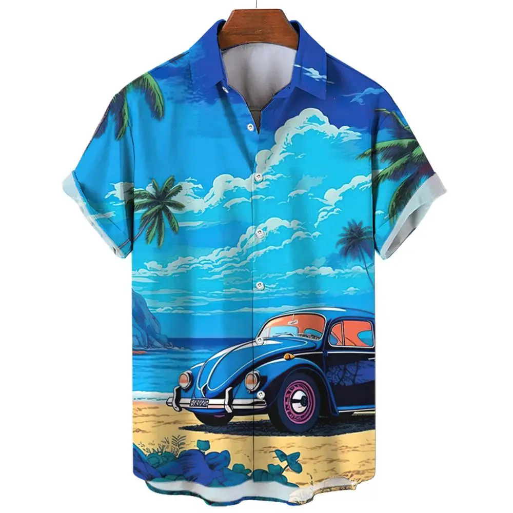 Vintage Men\'s Shirt For Men Short Sleeve Tops Beach and cars 3d Print Shirt Summer Sweatshirt Tees Designer Men\'s Clothing