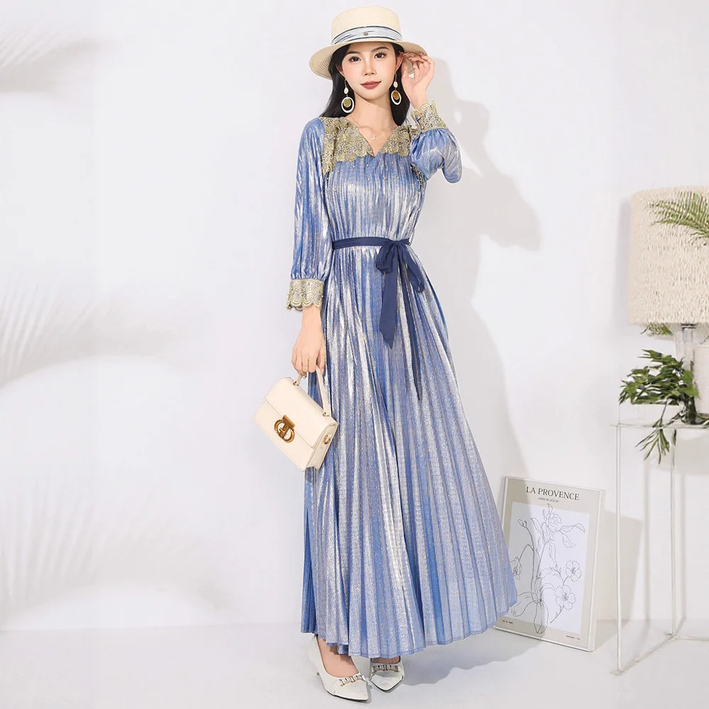 

Miyake Style Pleated Fashion Gold Stamping Dress Women's V Neck Long Sleeve Lace Up Dresses 2025 Summer New Tide