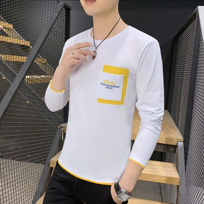 Autumn Men's Long Sleeve Tee Trendy Korean Style Round Neck Youth Fashionable Handsome Student Casual Wear Top