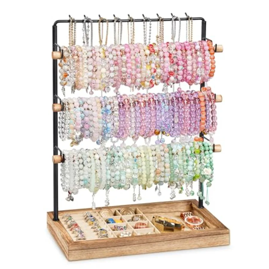 Jewelry Organizer Stand, 5 Layer Wood and Metal Bracelet Holder with Necklace Holder Pole, Large Capacity Jewelry Display Holde