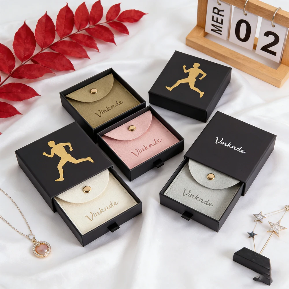 

24Pcs Personalized Logo Black Paper Drawer Jewelry Box Microfiber Snap Bag Pouch Brooch Rings Bracelet Necklace Wedding Favor