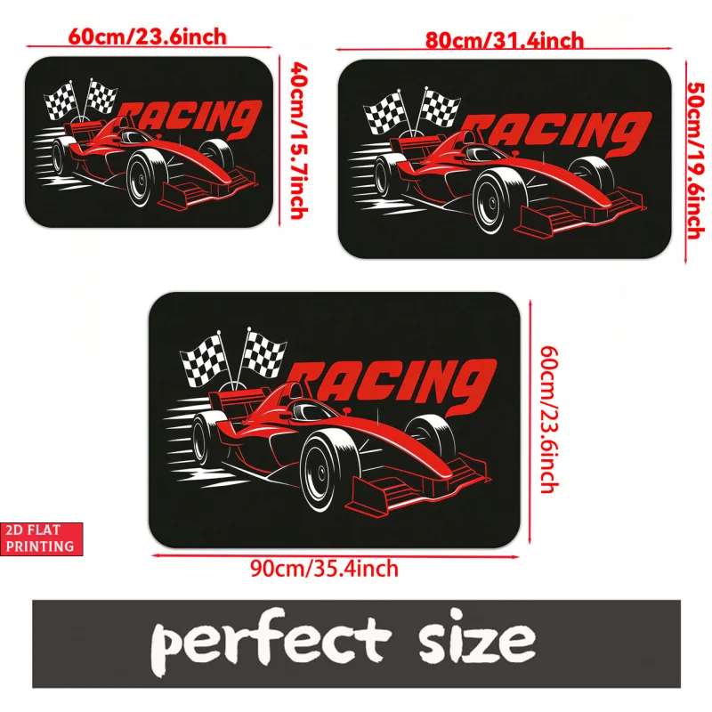 VIKAMA F1 Formula Racing Car Doormat Red Race Car Checkered Flag RACING Letter Print Non Slip Absorbent Floor Mat Man Cave Garag