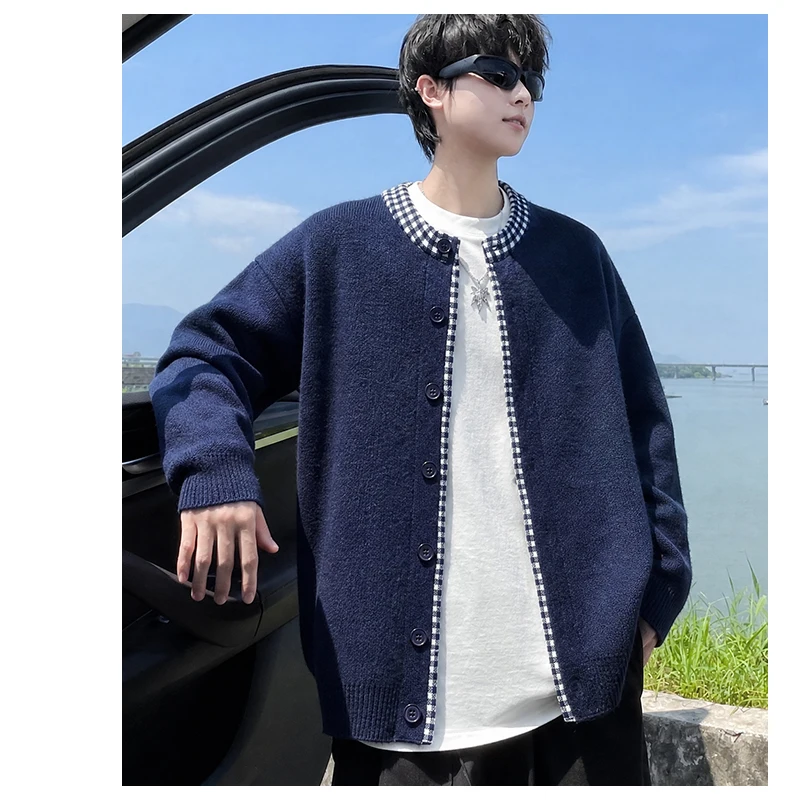 Luxuriöser Retro-Design Strick-Cardigan für Herren Neuer Hochwertiger Beliebter Karierter Patchwork-Pullover Jugendlicher Lässiger Dicker Warmer Mantel – Detail 18