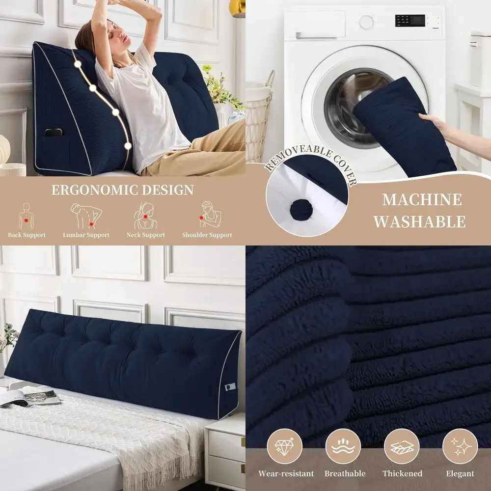 

King-Size Wedge Headboard Pillow with Removable Navy Cover for Bed Sitting and Reading Support