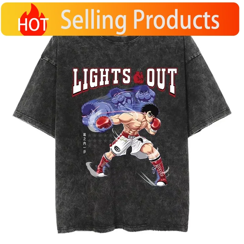 Vintage Cotton Washed T-Shirt Anime Hajime No Ippo Kamogawa Boxing Gym Loose T Shirts Men Women Y2K Hip Hop Summer Top Tee