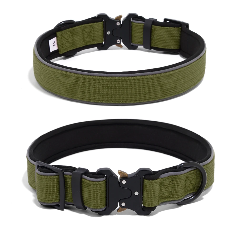 Reflective Neoprene Padded Tactical Dog Collar, Heavy Duty Metal Buckle