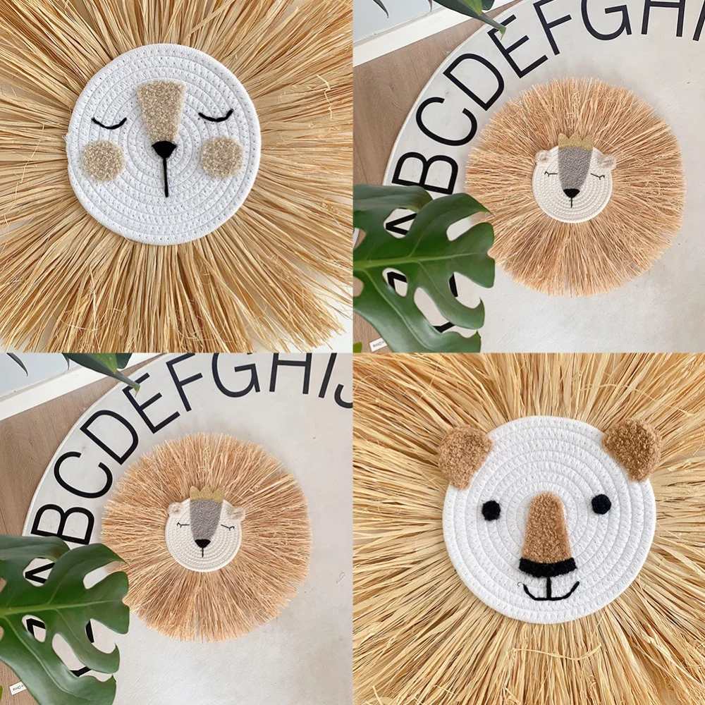 50cm Cute Animal Head Ornament Cartoon Lion Wall Decoration Hand-woven Raffia Decor Tapestry Children Room Wall Hanging Pendants