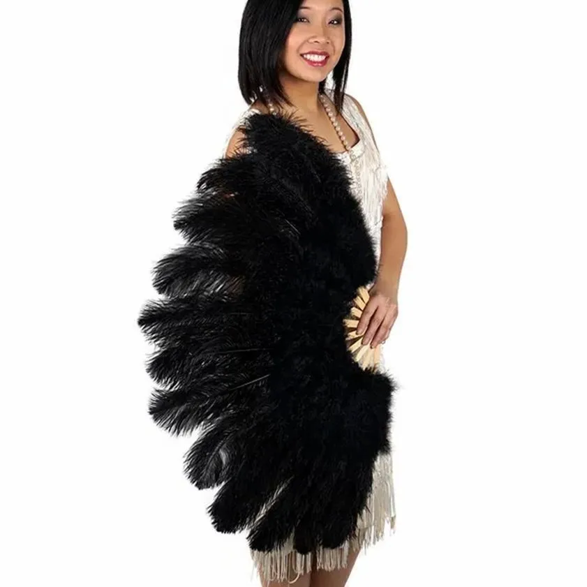 Customized 13 Bone Ostrich Fur Feathers Fan Carnival Party Wedding Celebration Belly Dance Show DIY Decoration Black Plumes Fan