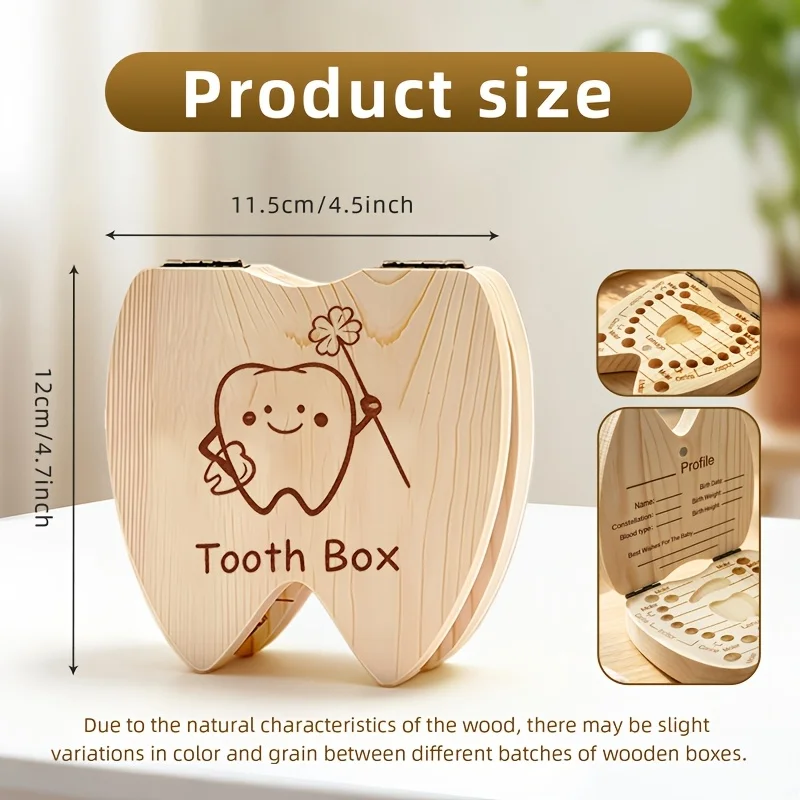 1PCS Tooth-Shaped 2D Wooden Tooth Box Tooth Keepsake Storage Box Teeth Hair Birth Souvenir Birthday Halloween Anniversary Gift