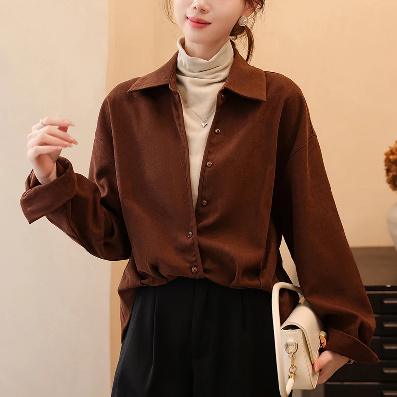 

Women's Vintage Long Sleeve Shirt Two-Piece Set Flannel Fleece Lining Layering Tops Loose Fit Autumn Winter Casual Outfits