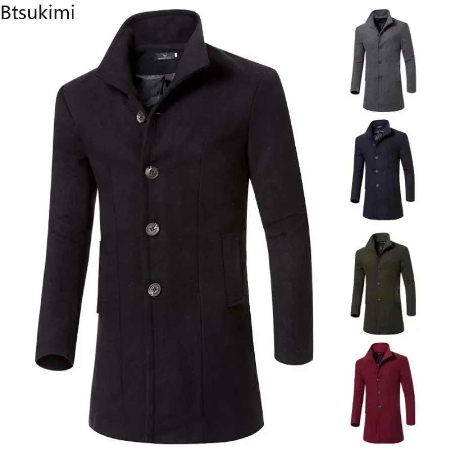 

Autumn Winter Men's Warm Woolen Trench Coats Solid Slim Woollen Jacket Coats Male Fashion Windproof Stand Collar Long Outerwear