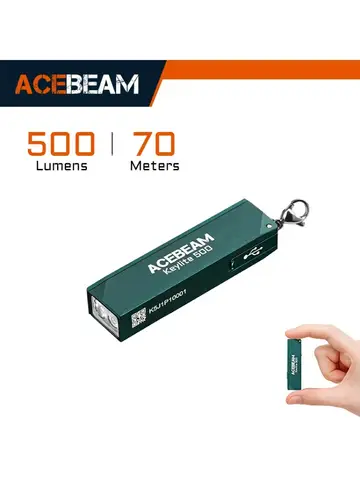 Lanterna de chaveiro ACEBEAM Keylite 500 EDC recarregável com modo estroboscópico para autodefesa, luz LED dupla para camping e trabalho.