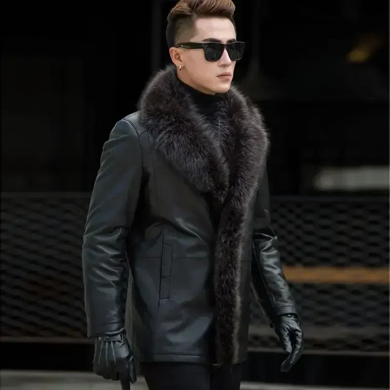 

2026 New Medium Long Men's Clothing Fur One Man with Wool Thickened Genuine Leather Fur Coat Sheep Skin Raccoon Big Fur Collar