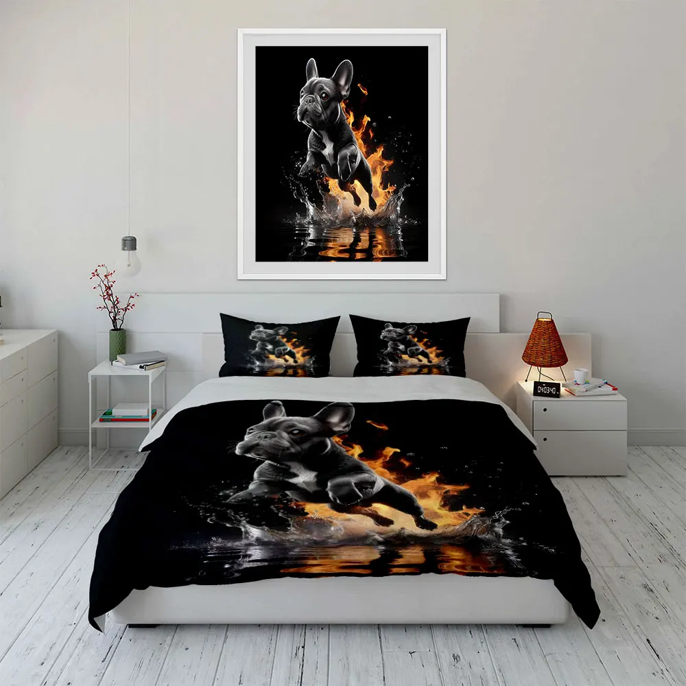 Jumping French Bulldog fire and water Print Soft Comfortable Duvet Cover Bedding Set Included 1*Duvet Cover  2*Pillowcases