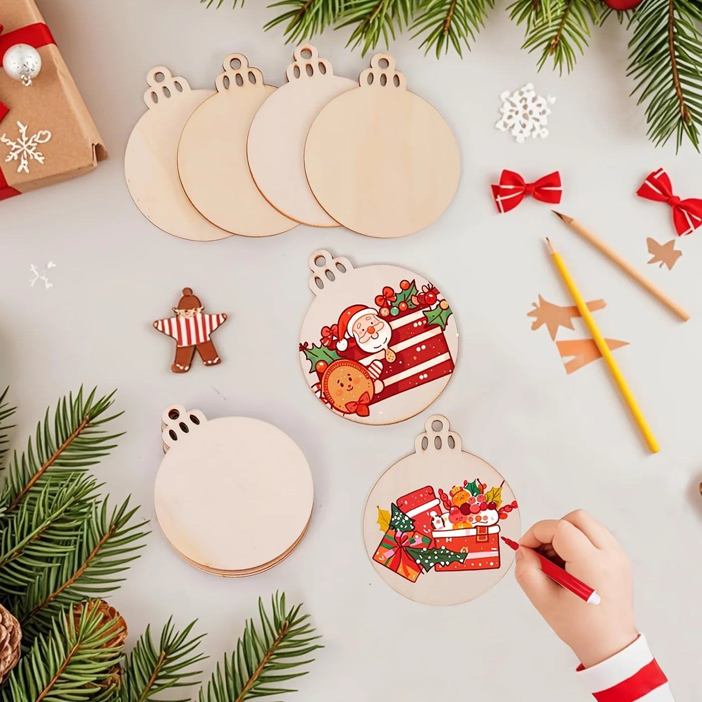 15/25/50 قطعة 3.5 "x 4.2" زخارف عيد الميلاد الخشبية شرائح خشبية غير مكتملة مع ثقوب مع حبل 10 متر خشب مستدير محفور مسبقًا #4