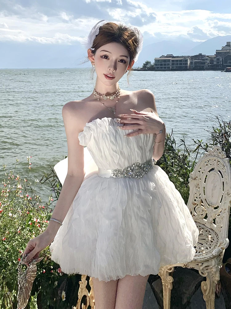 REDDACHiC Vestido tubo para mujer con lazo desmontable cinturón de diamante blanco con cordones sin espalda Mini vestido de princesa vestido tutú para fiesta de cumpleaños