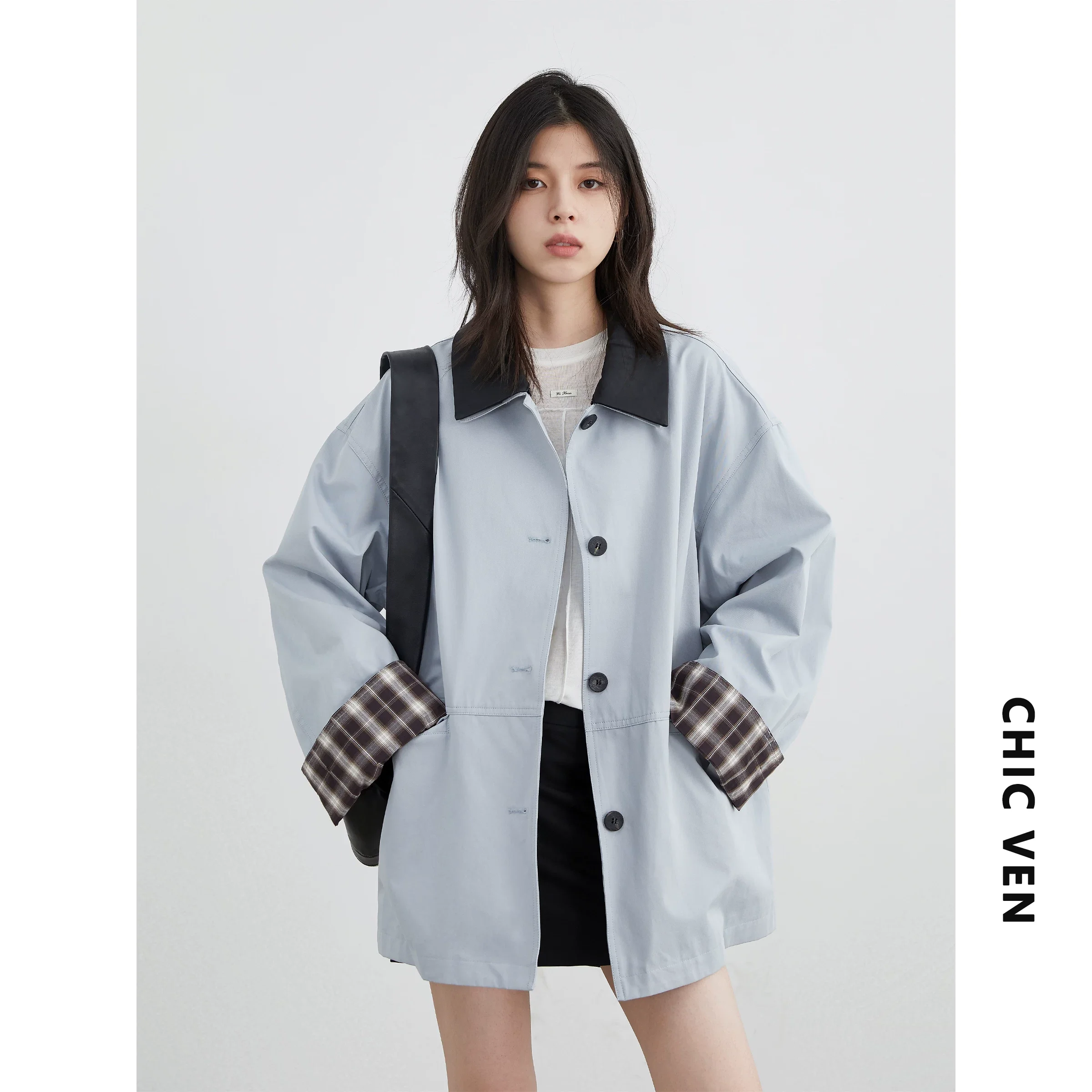 CHIC VEN Korean Women Mid-length Trench Single-breasted Loose Casual Overcoat Female Plaid Windbreaker Coat Spring Autumn 2026