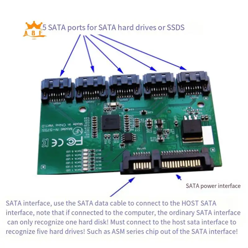 

A08E-SATA Expansion Card 1 To 5 Port SATA3.0 Controller Card Motherboard SATA Port Multiplier Riser Card HUB Adapter