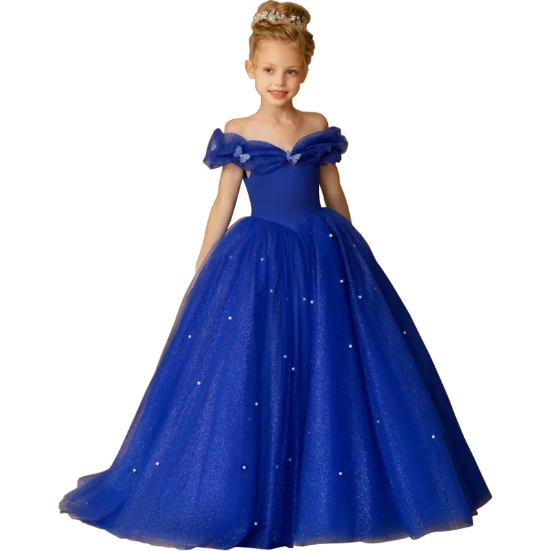 

royal blue Young Flower Girl dress elegant kids special occasions tulle tailing birthday prom Graduation wedding evening gown