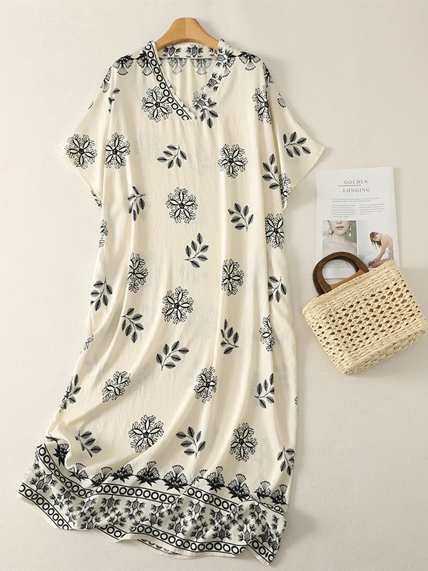 

Summer Loose Long Dress Bohemian Style Silk Print Short Sleeve V-Neck Casual Artistic Women's plus Size Dress City Walk
