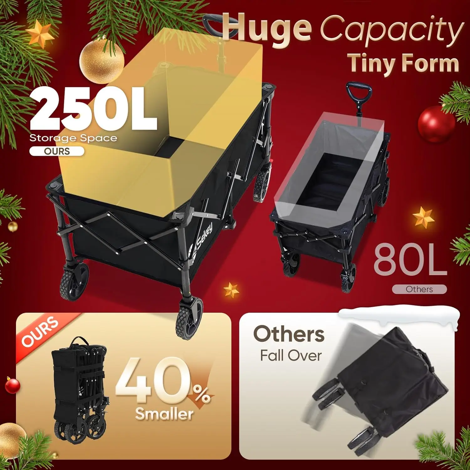 Opvouwbare opvouwbare wagenwagen met een capaciteit van 330 lbs, terreinwielen en bekerhouders in zwart