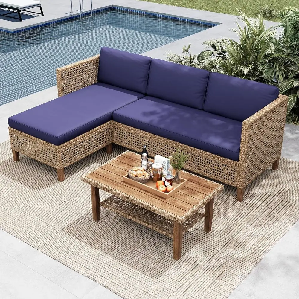

Navy Blue L-Shaped Outdoor Patio Sectional Sofa Set with Acacia Wood Coffee Table