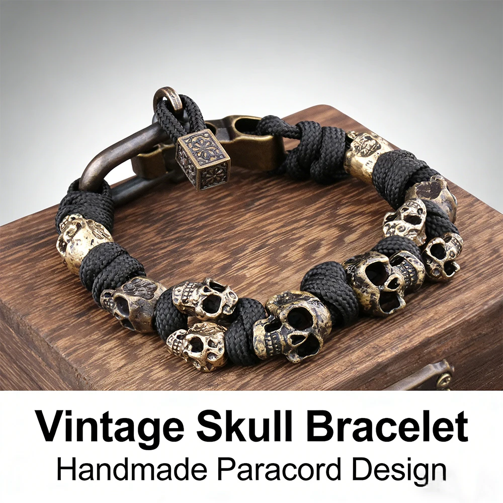 Men Skull Bracelet Adjustable Skeleton Bracelet Gothic Camping Paracord Survival Rope Wristband Amulet Handmade Jewelry Gift