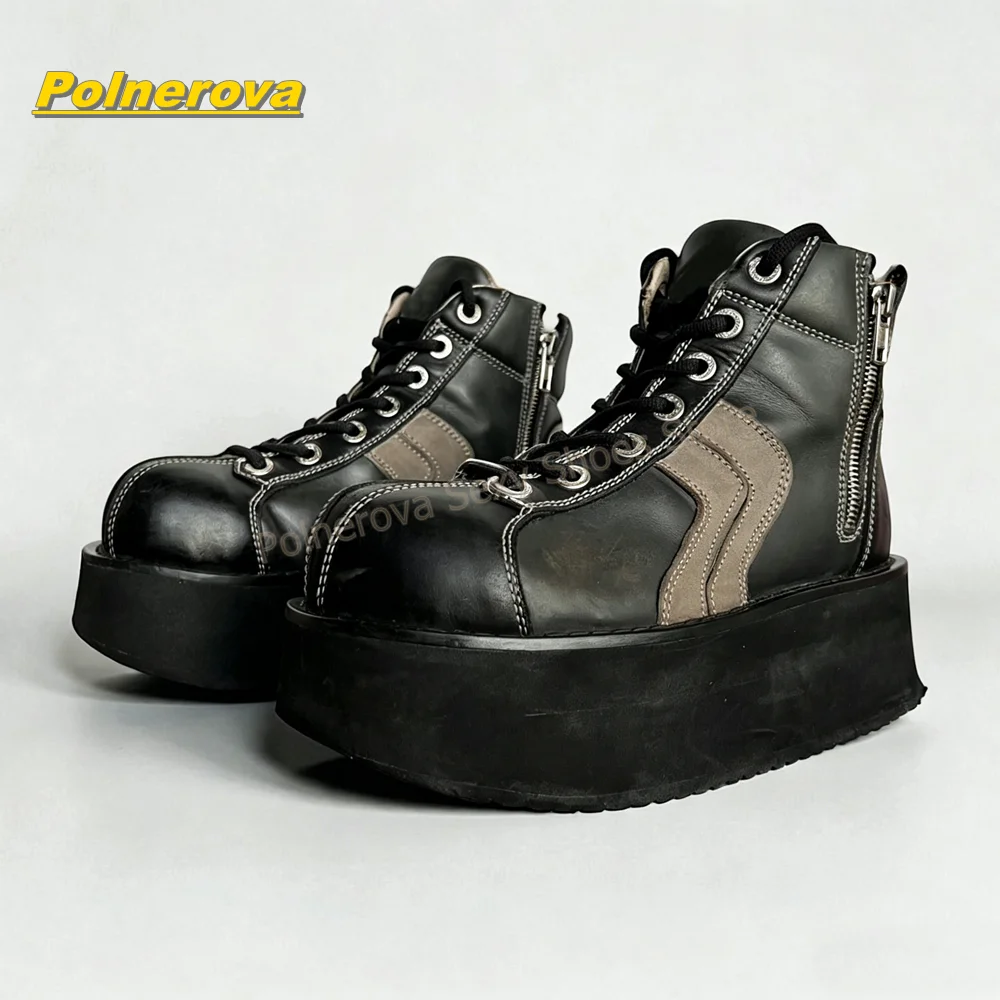 Gothic Two Tone Leather Platform Sneakers Round Toe Thick Sole Side Zip Lace Up Y2K Club Street Style Ankle Boots 2026 New Trend