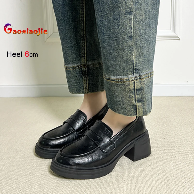 

Woman Spring Autumn New Black Leather Shoes Vintage Versatile Loafers British style Fashion Anti-slip 6CM Casual Women's Shoes