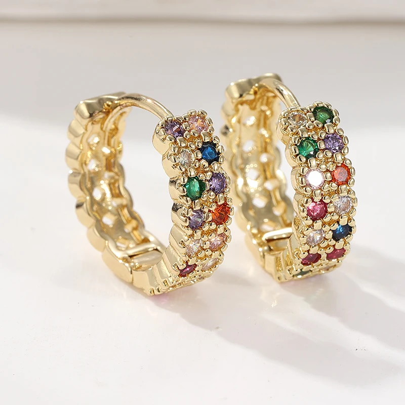 Doppelreihige kleine Creolen mit Regenbogen-Zirkon für Damen, goldplattiert, Ohrschmuck, Hochzeitsschmuck, Valentinstagsgeschenke