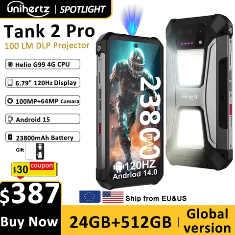 UE USA zapas Unihertz tank 2 Pro 8849 wytrzymały telefon z projektorem Android 14 100MP 16GB 256gb100mp NFC 120W ładowarka 23800mAh