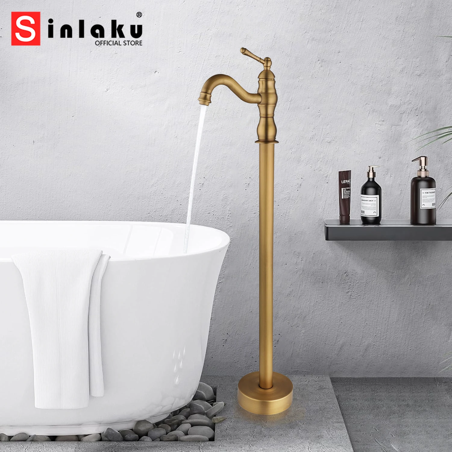 

SINLAKU Bathtub Faucet Floor Mounted Antique Brass Faucets Landing Tap 360° Rotation with Hot and Cold Mixer Bathroom Taps