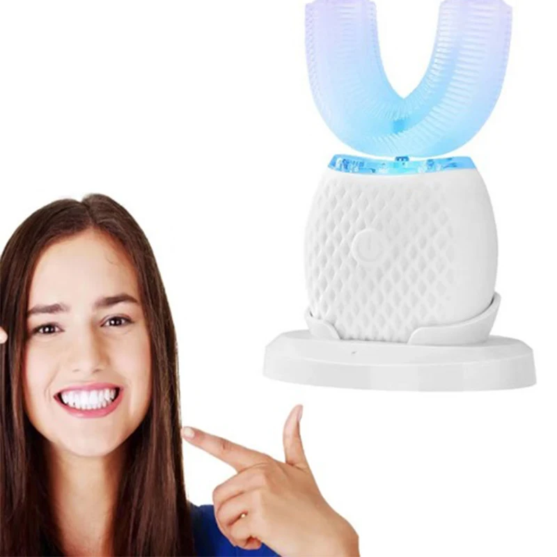 جديد قابلة للشحن الأزرق الأبيض الذكية السفر U-شكل فرشاة الأسنان الناعمة مجموعة فرشاة الأسنان الكهربائية منظف الفم المحمولة #2