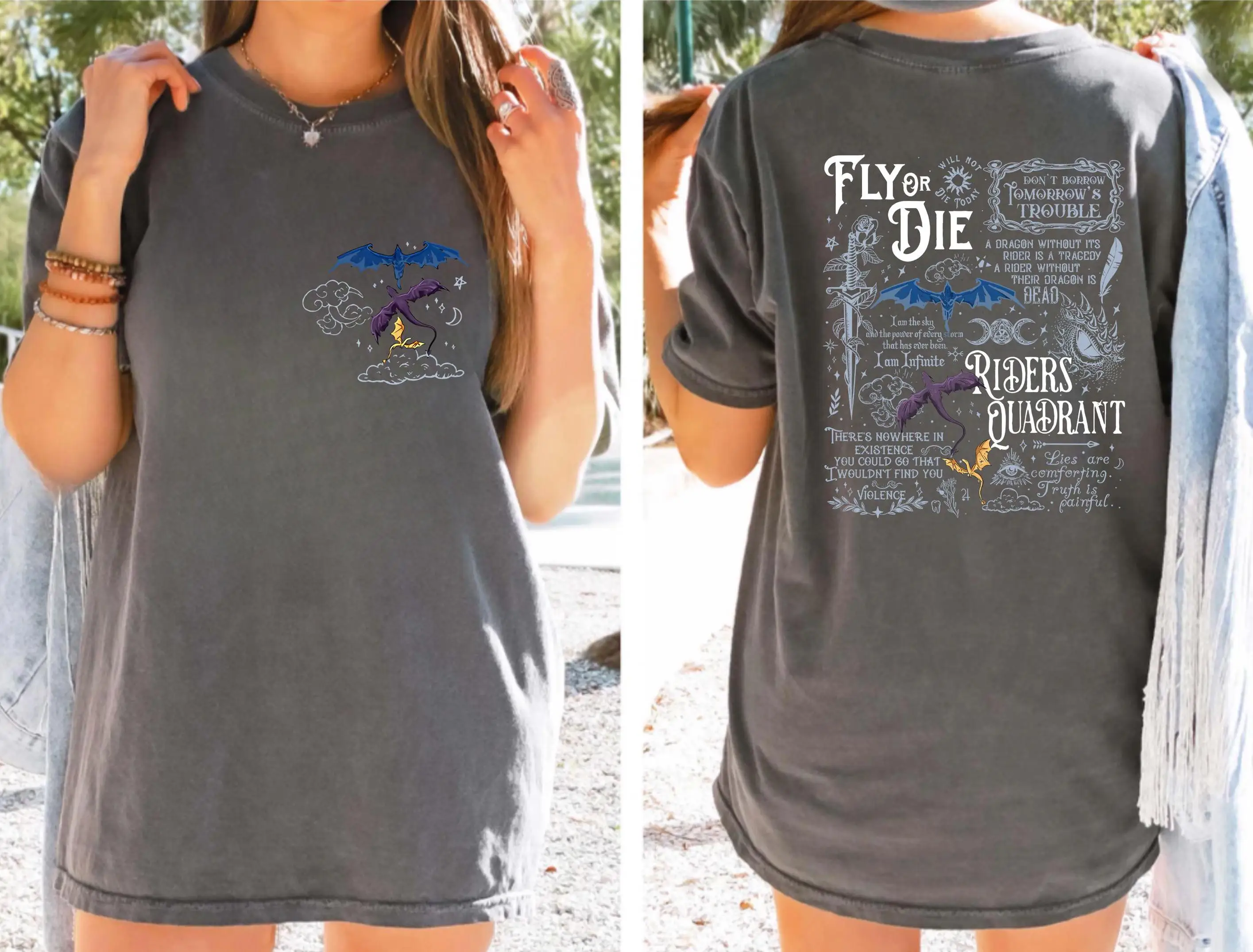 Fourth Wing Fly or Die T-shirt Double Sided Print Riders Quadrant Dragon Fantasy Book Graphic Tees Unisex Oversized T Shirts