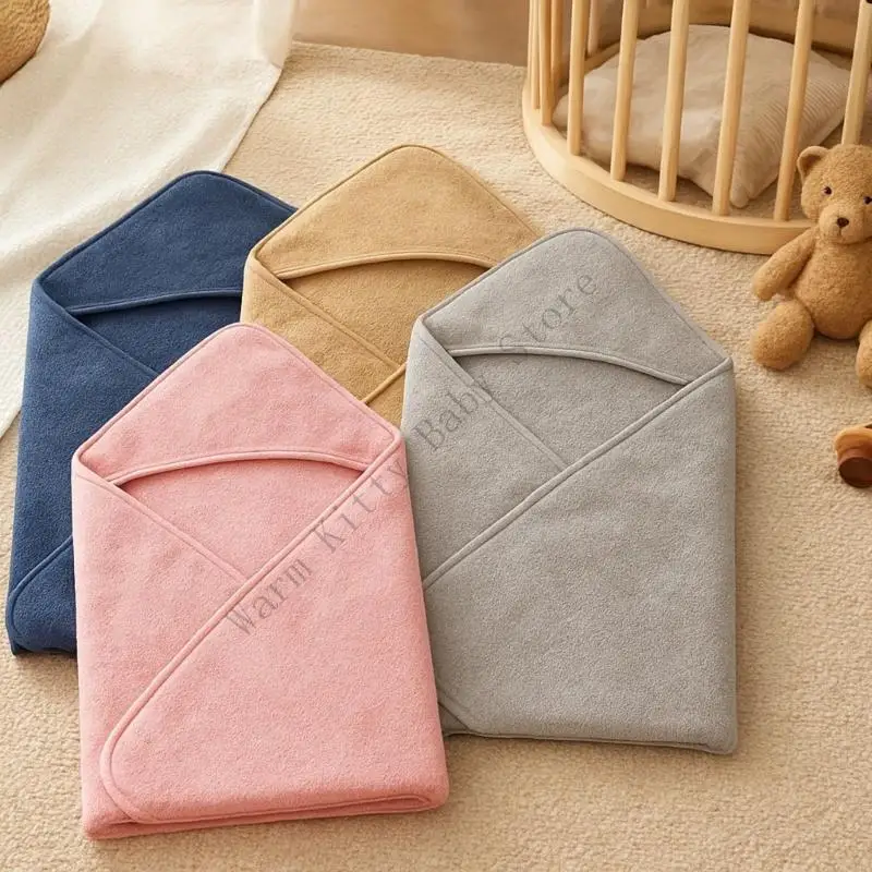 Solid Color Plush Baby Hooded Bath Towel Strong Absorbent Quick Dry Toddler Newborns Bathrobe Blanket Breathable Shower Towel