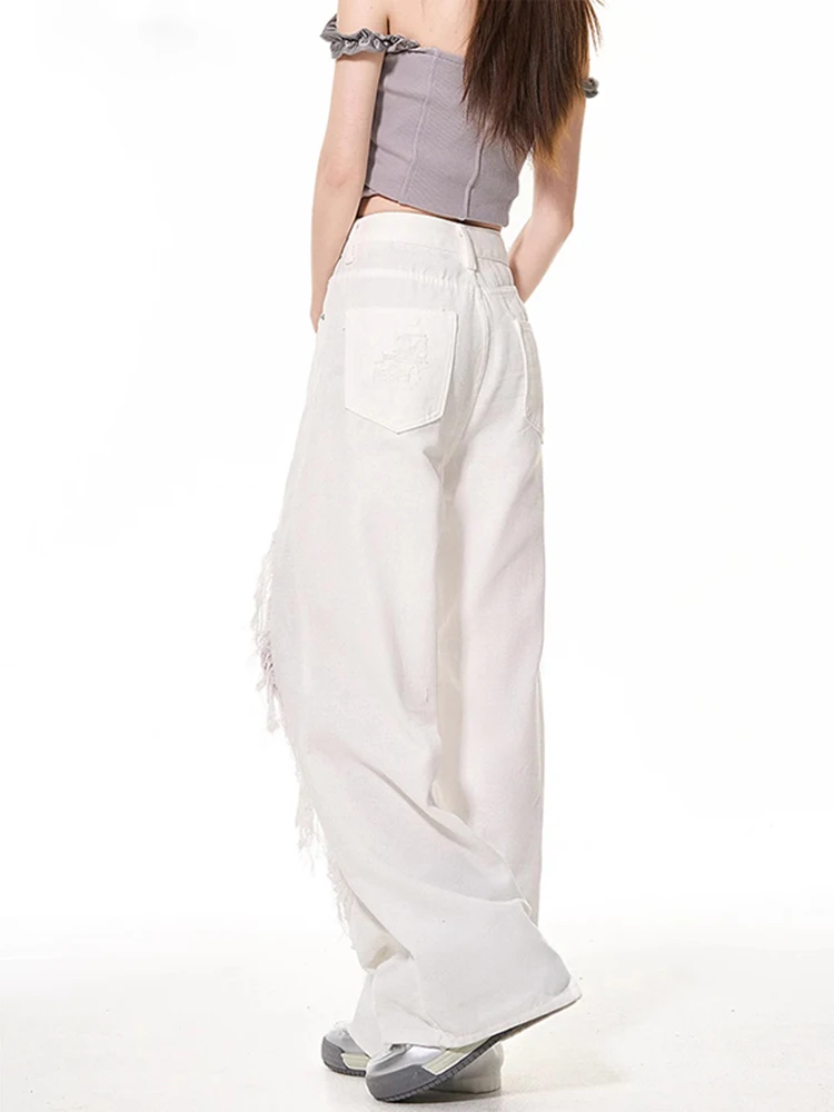 Pantalones vaqueros de pierna ancha rasgados de encaje blanco para mujer, pantalones de pierna recta informales, versátiles, holgados, a la moda, para verano y otoño, 2025