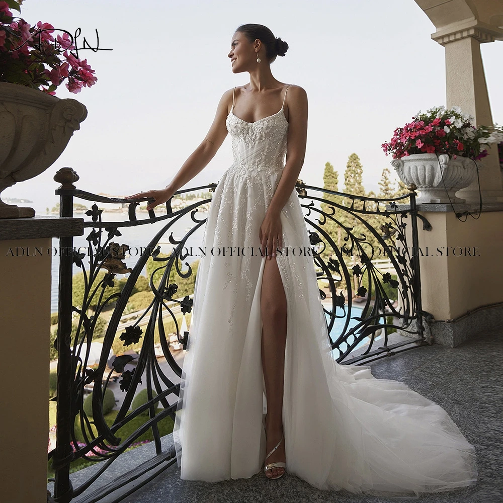 Luxury Beaded Boho Wedding Gowns Customized A-line Spaghetti Straps Front Slit Bride Gown White  Dress vestidos de novia