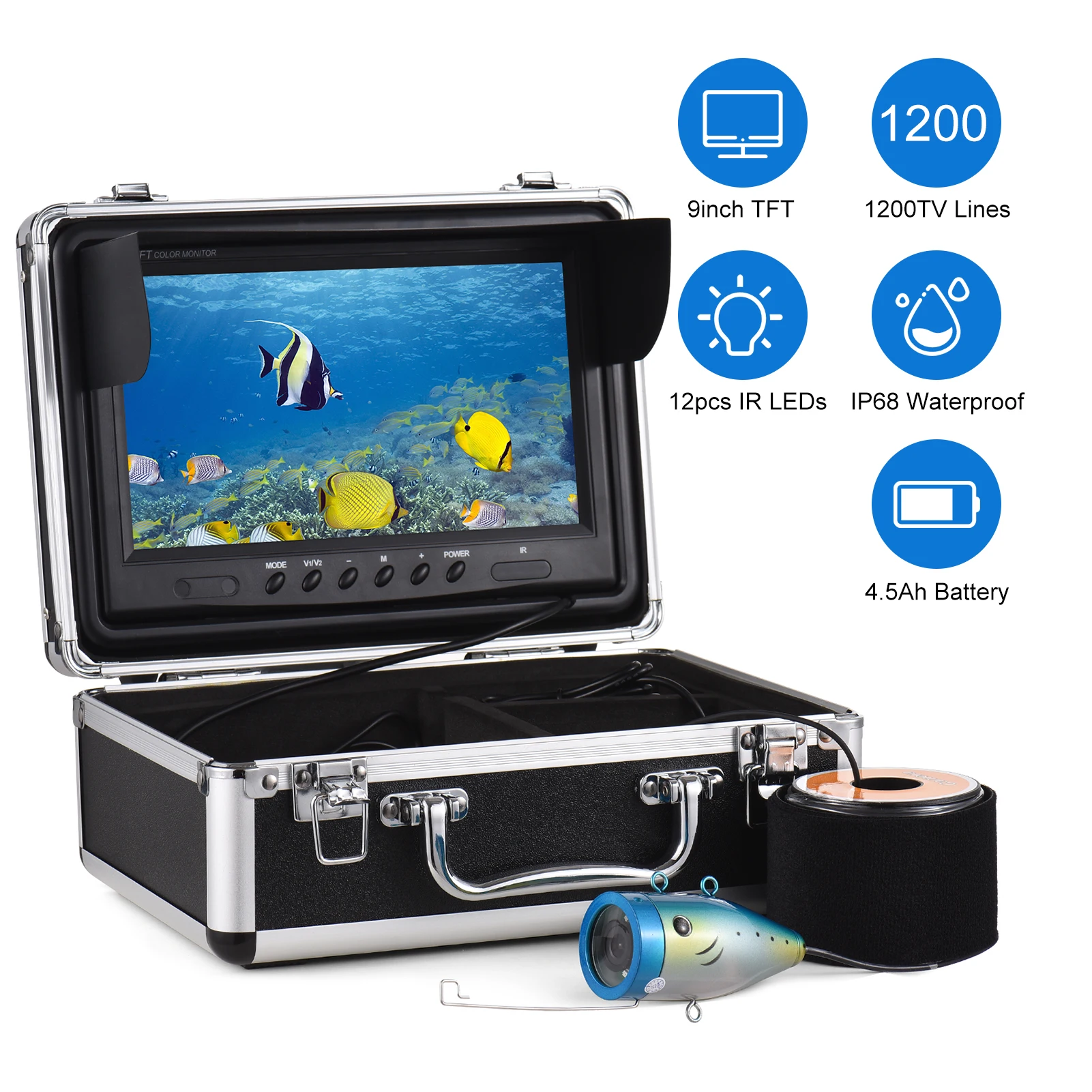 9 بوصة شاشة الكريستال السائل 1200TVL كاميرا الصيد تحت الماء صياد السمك مع 12 IR المصابيح 15 متر/30 متر/50 متر كابل IP68 مقاوم للماء للبحر