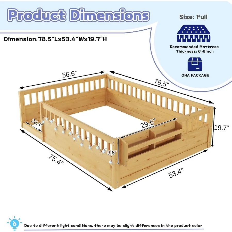 Montessori floor bed for kids: solid wood construction, natural finish, safety railings and under-bed storageideal for toddlers