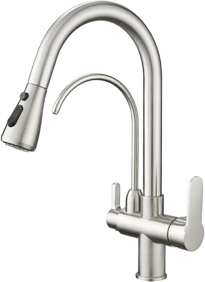 

Kitchen Sink Faucet with Pull Down Sprayer 2 Handle 3 in 1 Water Filter Purifier Faucets Brushed Nickel 0195SN