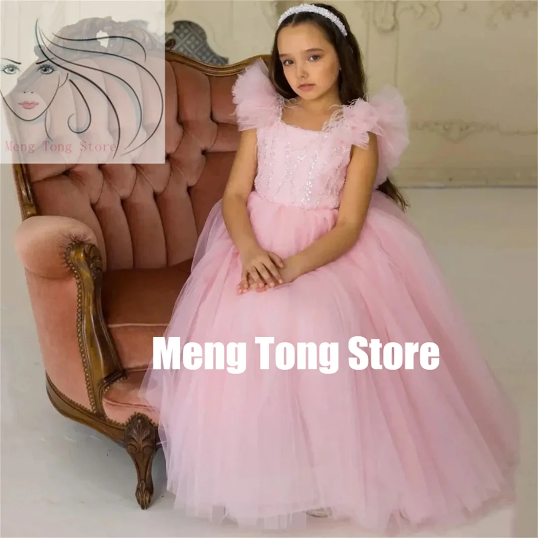 Customization Flower Girl Dresses Pink Tulle Sparkly Sequin Sleeveless For Wedding Birthday Party Banquet Princess Gowns