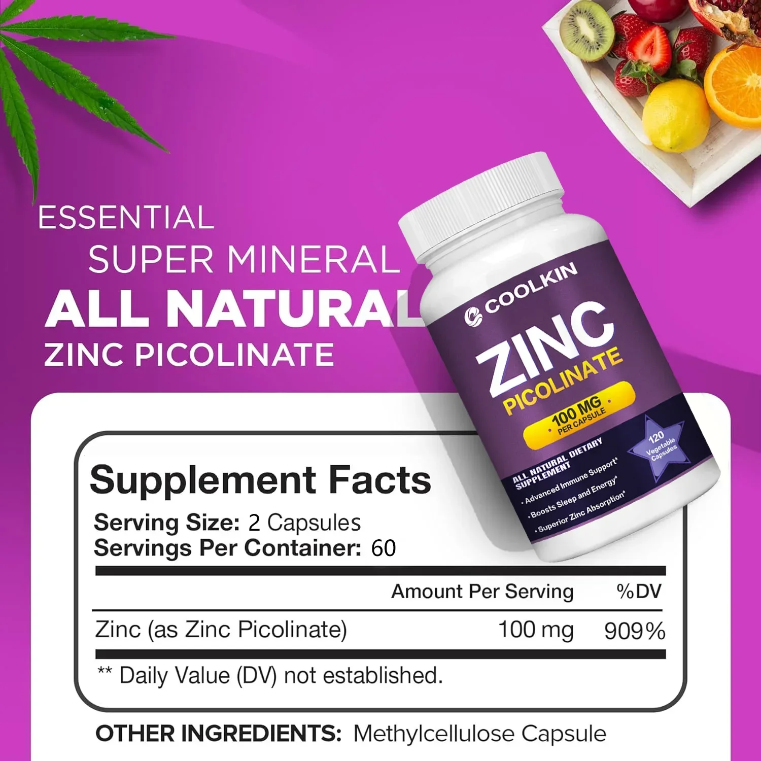 Zinc Picolinate - for Strong Bones Teeth Heart Nerve Increase Immune System Function Supplement