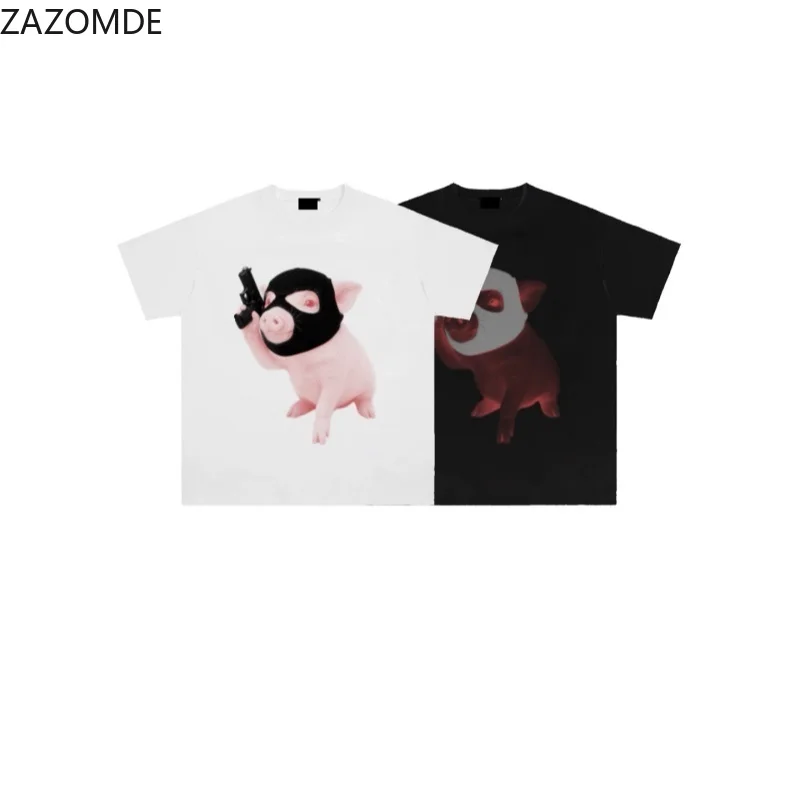 ZAZOMDE Unisex Cool Balaclava Pig Graphic T Shirt Retro Grunge Aesthetic Short Sleeve Tops Loose Cotton Tees Streetwear Hip Hop