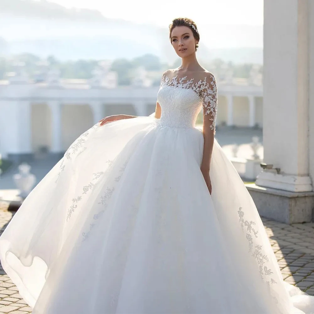 Elegante flauschige Brautkleider Brautkleid Rundhals ausschnitt lange Ärmel vestidos de novia schöne Brautkleider Spitzen applikation