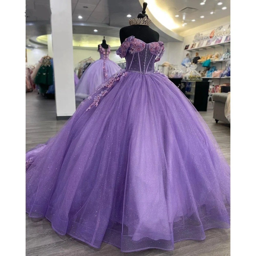 

Lilac Illusion Pearls Beading Ball Gown Quinceanera Dresses Off The Shoulder 3D Flowers Appliques Corset Vestidos De 15 Anos