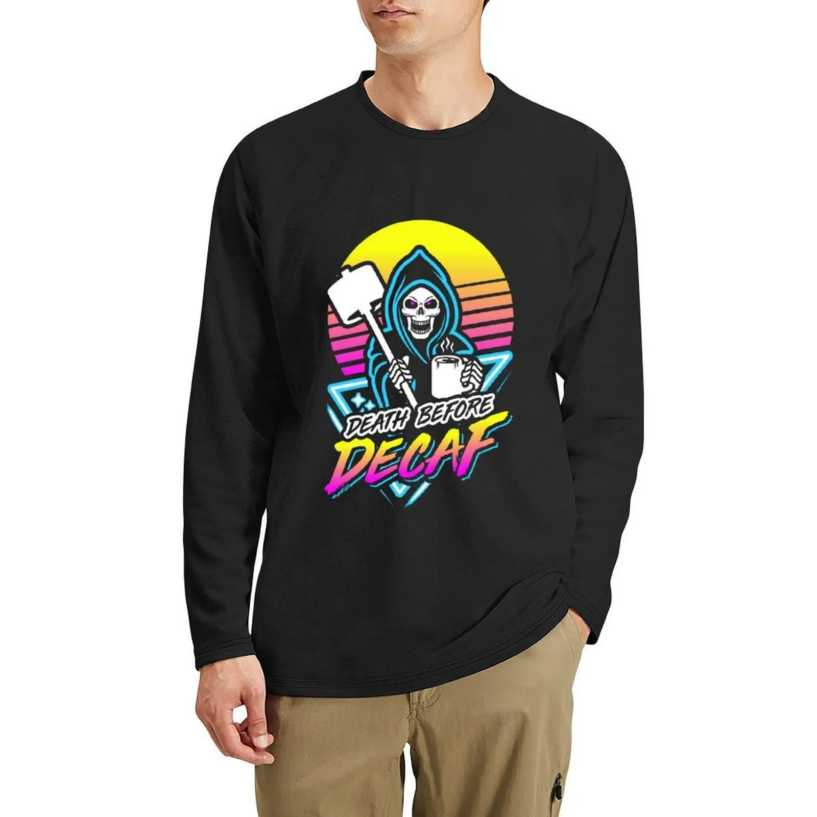 

Death Before Decaf (Gym Reaper) Retro Neon Synthwave 80s 90s Long T-Shirt anime clothes plain white t shirts men