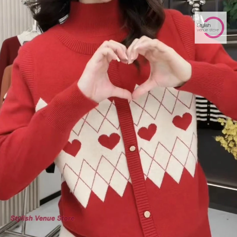 

French fake two-piece sweater women's knitted top autumn and winter semi-high neck jacquard loose thin warm bottoming sweater